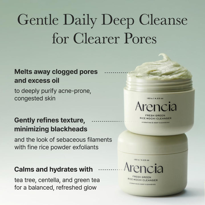 Arencia Korean Rice Mochi Face Cleanser - Face Wash, Gentle Scrub All in One for Deep Cleansing, Moisturizing, Pore Minimizing, Acne-Prone Skin, Removing Blackhead with Rice Water &amp; Green Tea