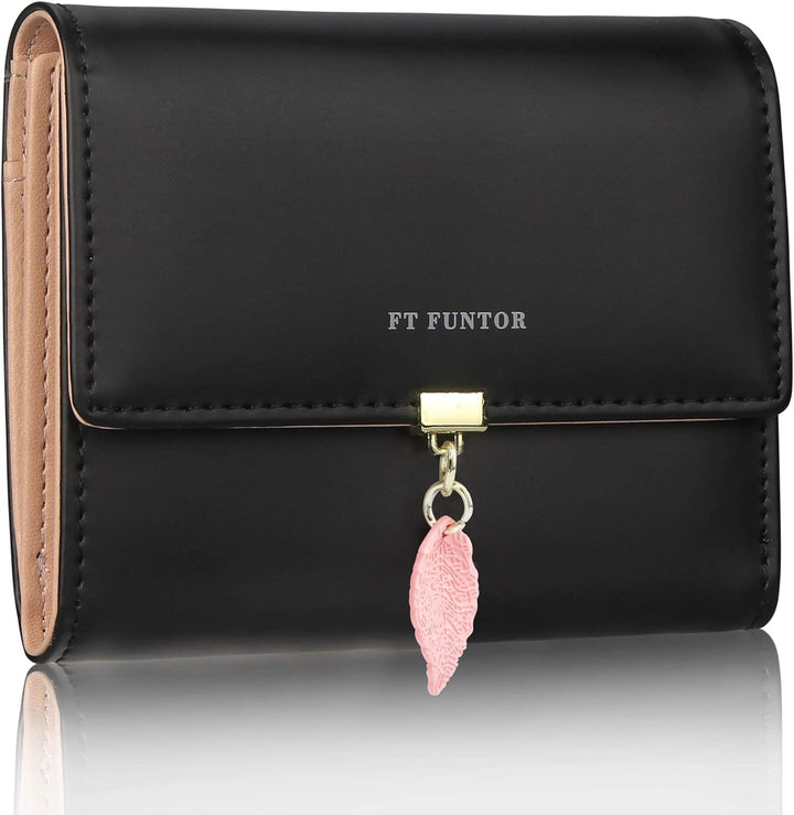 FT FUNTOR RFID Wallets for Women, Leaf Card Holder Trifold Ladies Wallets Coins Zipper Pocket with ID Window