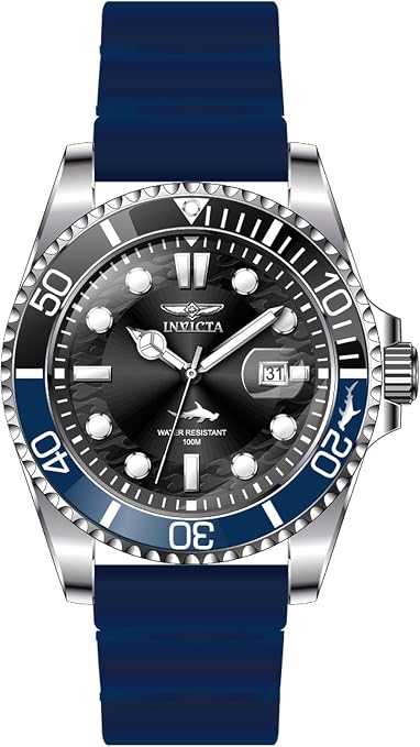 An Invicta wristwatch with a silver stainless steel case, a black dial with silver hour markers, a blue and black bezel, and a dark blue silicone strap.