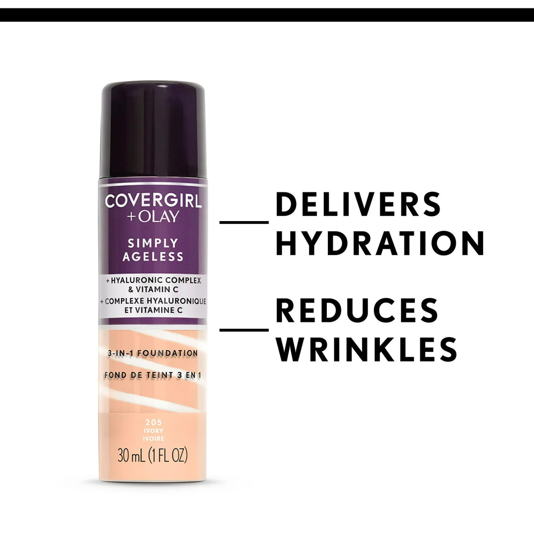 COVERGIRL &amp; Olay Simply Ageless 3-in-1 Liquid Foundation, Matte Finish, Hyaluronic &amp; Vitamin C Formula