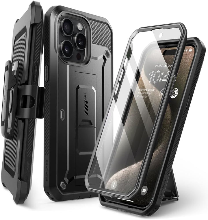 SUPCASE for iPhone 15 Pro Max Case with Screen Protector (Unicorn Beetle Pro), [Built-in Stand & Belt-Clip] [Military-Grade Protection] Full Body Heavy Duty Phone Case for iPhone 15 Pro Max, Black