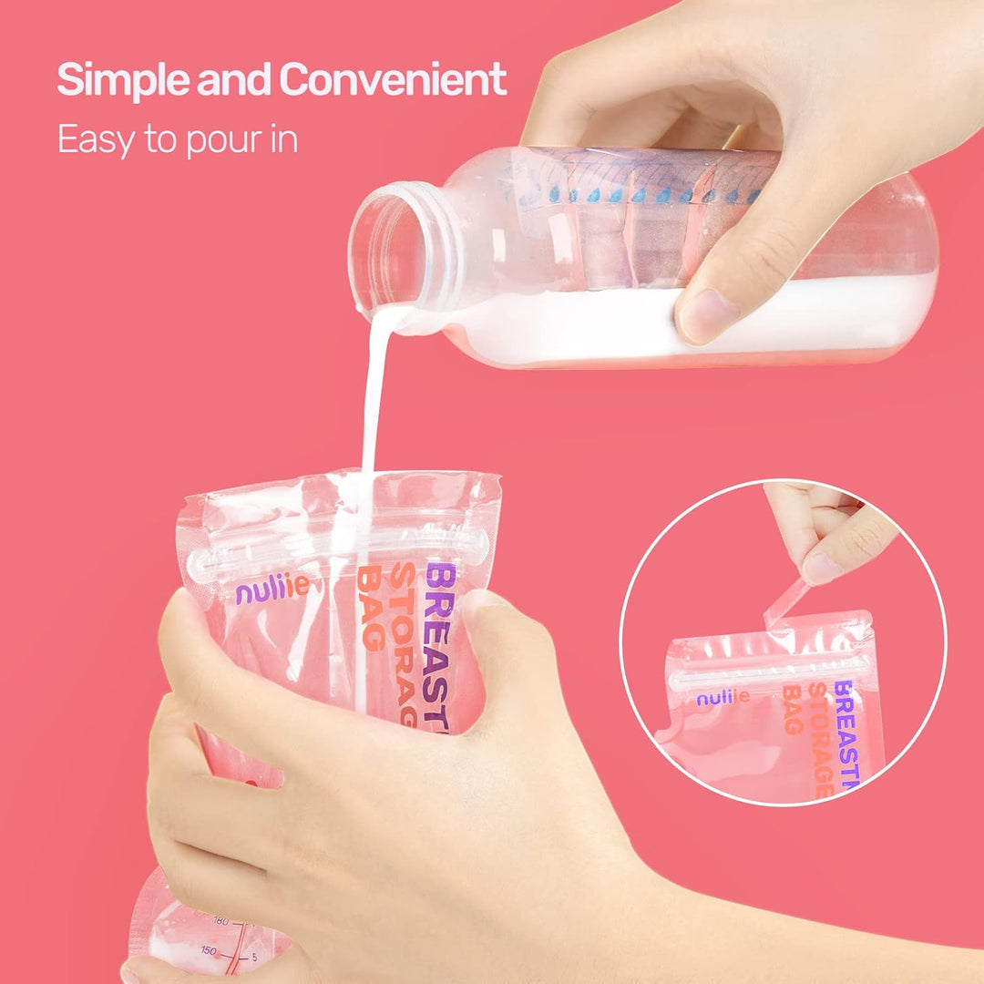 Nuliie Breastmilk Storage Bags Freezer, 8 OZ Breast Milk Storing Bags, BPA-Free, Milk Storage Bags with Pour Spout for Breastfeeding, Self-Standing Bag, Space Saving Flat Profile