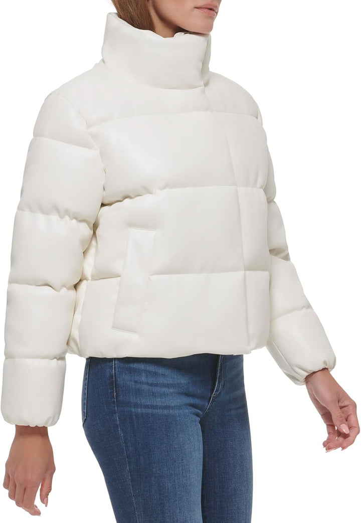 Calvin Klein Women's Short Faux-Leather Puffer Jacket