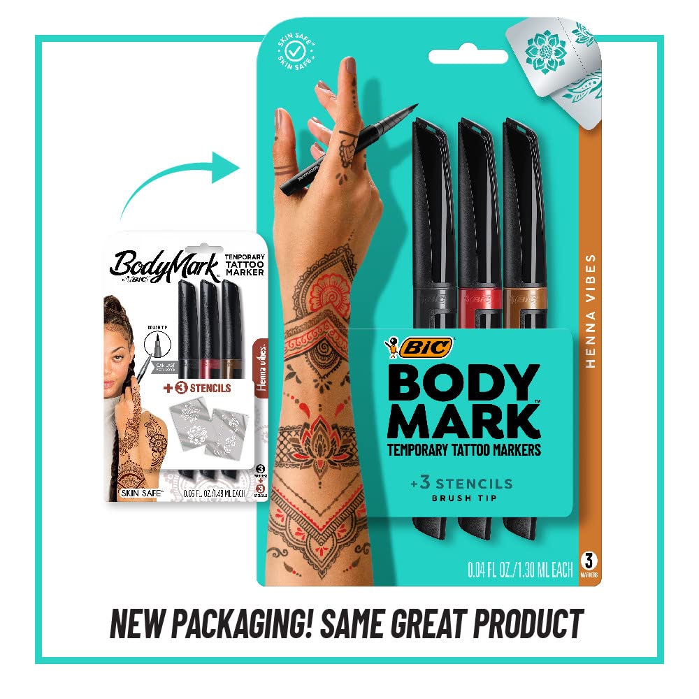 BIC BodyMark Temporary Tattoo Marker, Henna Vibes, Assorted Colors, 3-Count