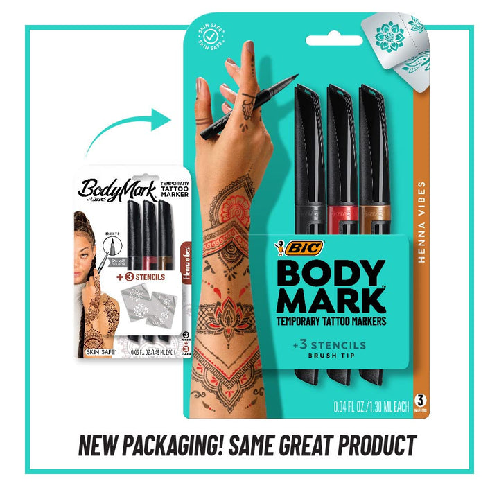 BIC BodyMark Temporary Tattoo Marker, Henna Vibes, Assorted Colors, 3-Count