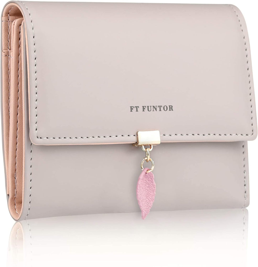 FT FUNTOR RFID Wallets for Women, Leaf Card Holder Trifold Ladies Wallets Coins Zipper Pocket with ID Window