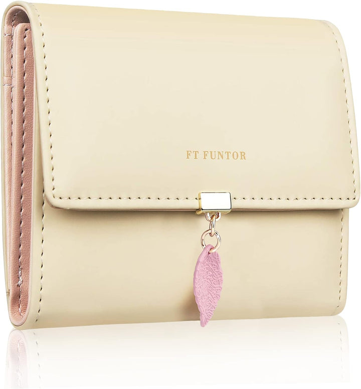 FT FUNTOR RFID Wallets for Women, Leaf Card Holder Trifold Ladies Wallets Coins Zipper Pocket with ID Window