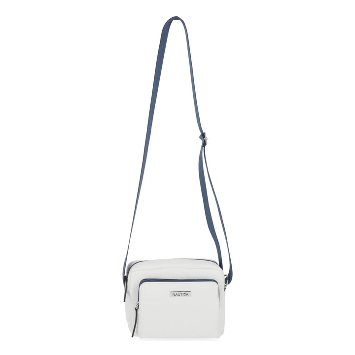 White crossbody bag with a blue strap on a white background