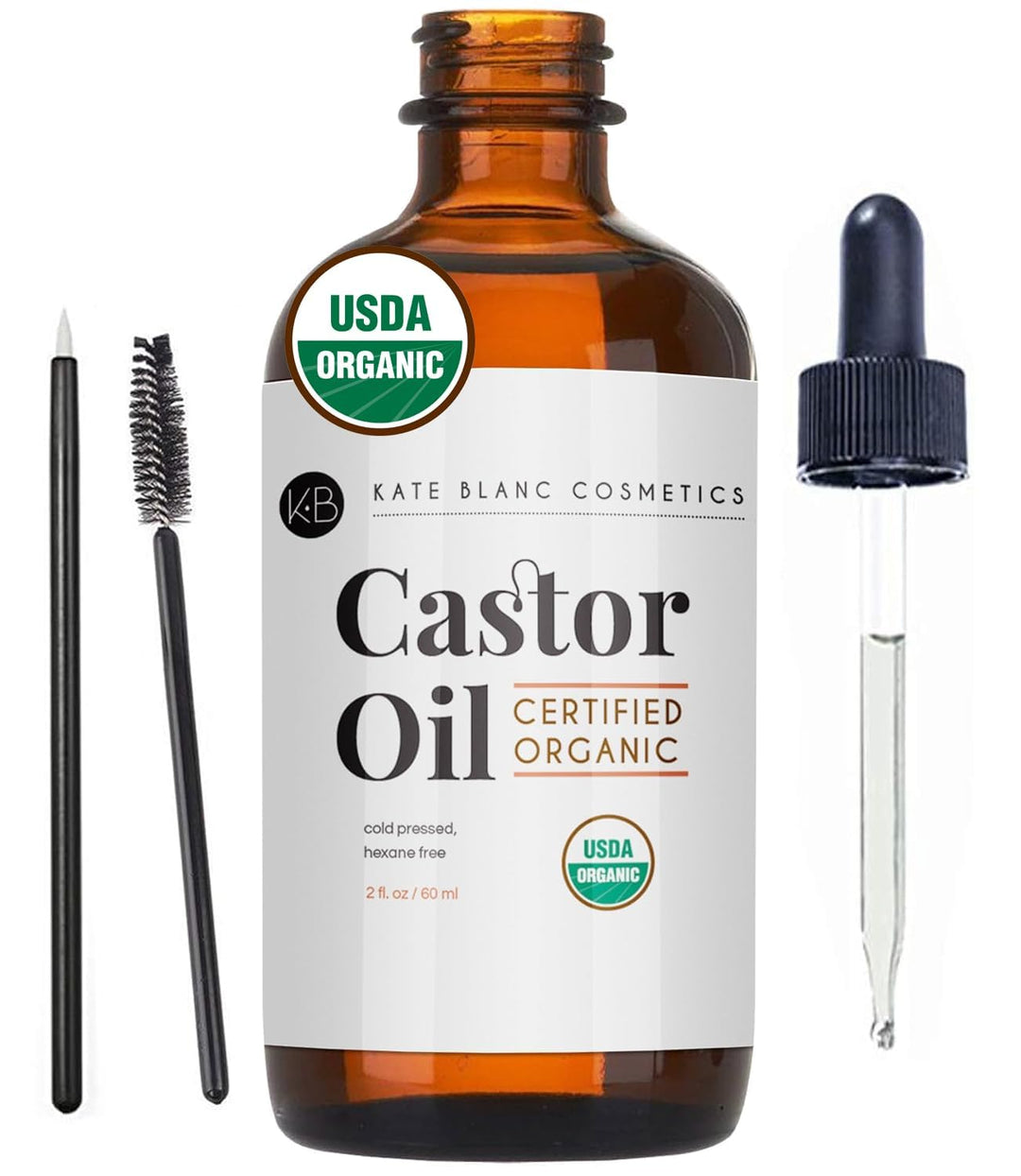 Kate Blanc Cosmetics Castor Oil Organic for Hair, Lashes, Face (2oz), 100% Pure, Cold Pressed, Hexane Free. Eyelash Serum for Thicker-Looking Eyelashes & Eyebrows