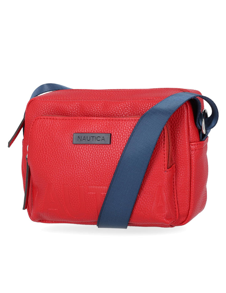 Red bag with a blue strap on a white background, featuring the Nautica brand.
