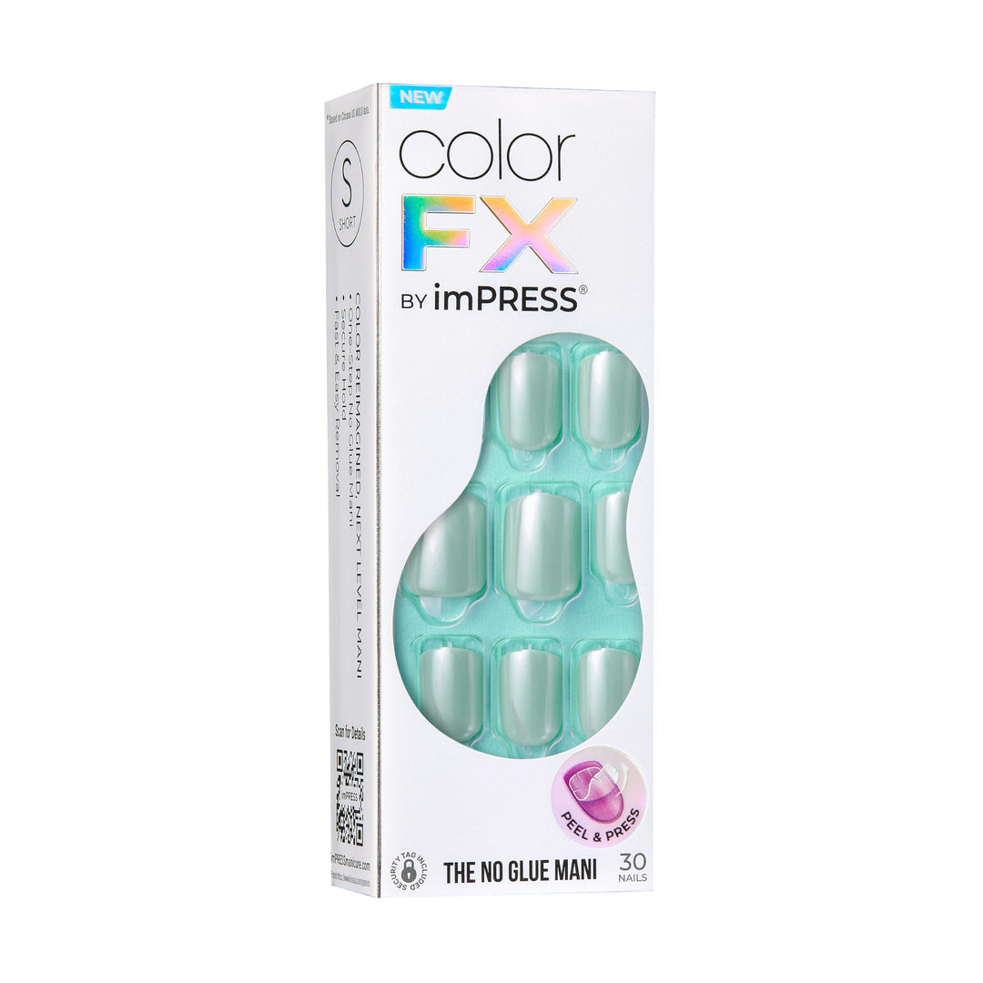 KISS colorFX by imPRESS Press On Nails , ‘Reconnect’, Solid Blue with Pearlescent Finish, Short Oval, New &amp; Improved Adhesive, Includes 30 Fake Nails, Prep Pad, 1 Manicure Stick, 1 Mini Nail File