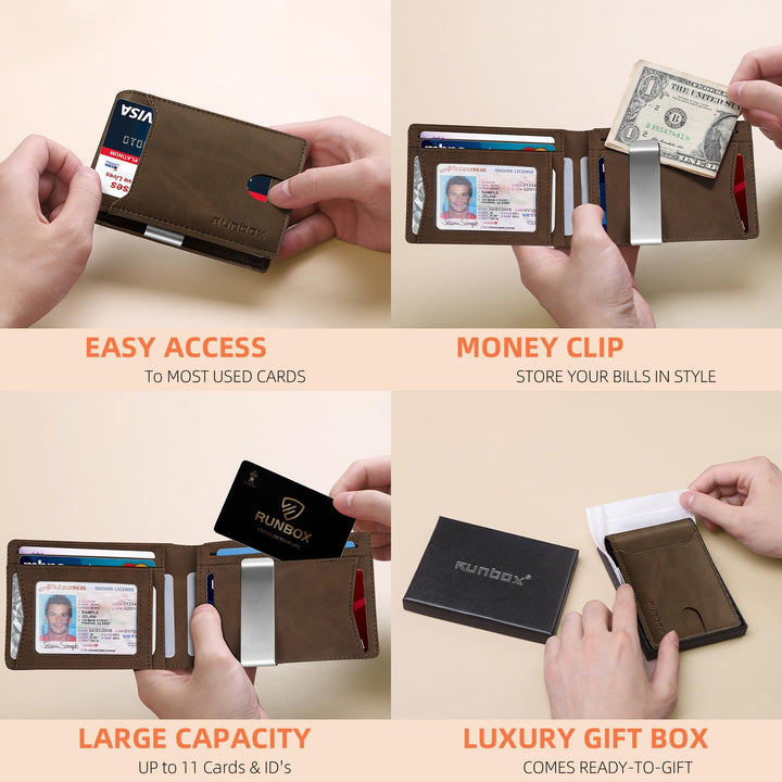 محفظة رن بوكس (RUNBOX) النحيفة للرجال - محفظة جلدية ثنائية الطي مزودة بمشبك للنقود وحماية من مسح البيانات (RFID)، تصميم بسيط للجيب الأمامي، تتسع لـ 11 بطاقة، تصميم رفيع، حماية من مسح البيانات (RFID)