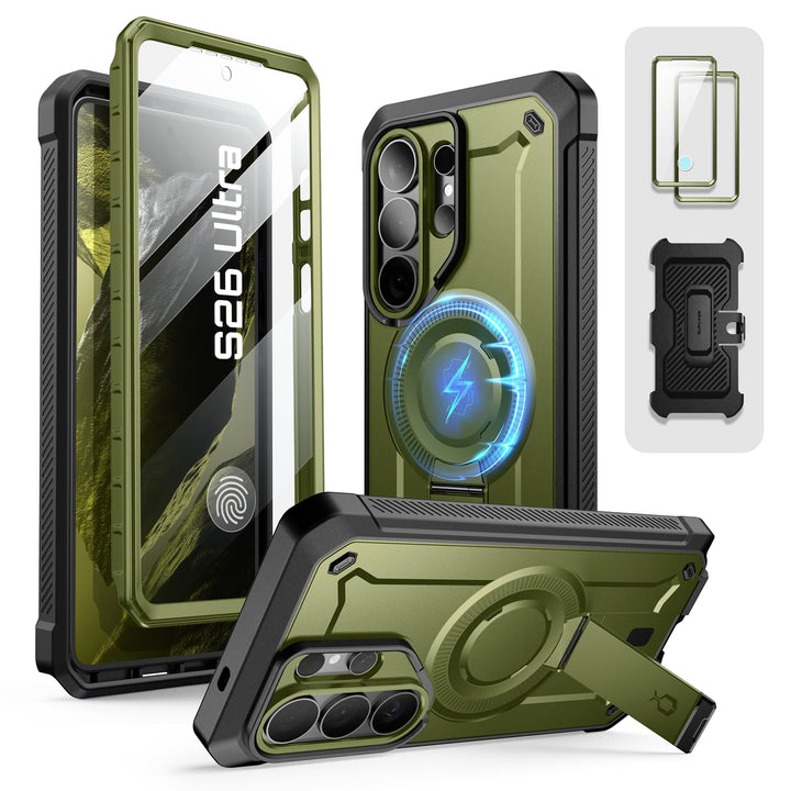 حافظة SUPCASE لسلسلة Samsung Galaxy S26 مزودة بحامل مدمج، وحماية بمعيار عسكري، ومتوافقة مع MagSafe، ومشبك حزام قابل للفصل، وواقي شاشة وإطار أمامي مدمجين، UBPro Mag