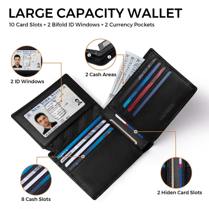 RUNBOX Wallet for Men Leather RFID Blocking Bifold Front Pocket Wallet Genuine Leather,Slim,12 Card Slots,2 ID Windows,2 Money Pockets, Gift for Men,Compact Travel Business Passport