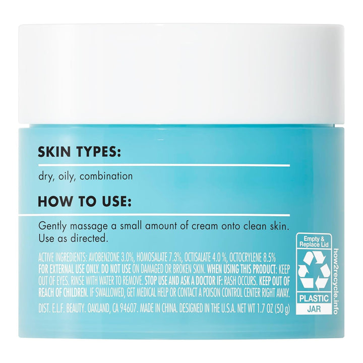 e.l.f. SKIN Holy Hydration! Face Cream - Broad Spectrum SPF 30 Sunscreen, Moisturizes & Softens Skin, Quick-Absorbing & Ultra-Hydrating, 1.8 Oz (50g)