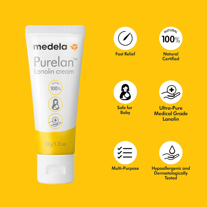 Medela Purelan Lanolin Nipple Cream, Fast Relief for Sore Nipples & Dry Skin During Breastfeeding, Safe for Breastfeeding Baby, Natural, Hypoallergenic, Fragrance-Free, 37g