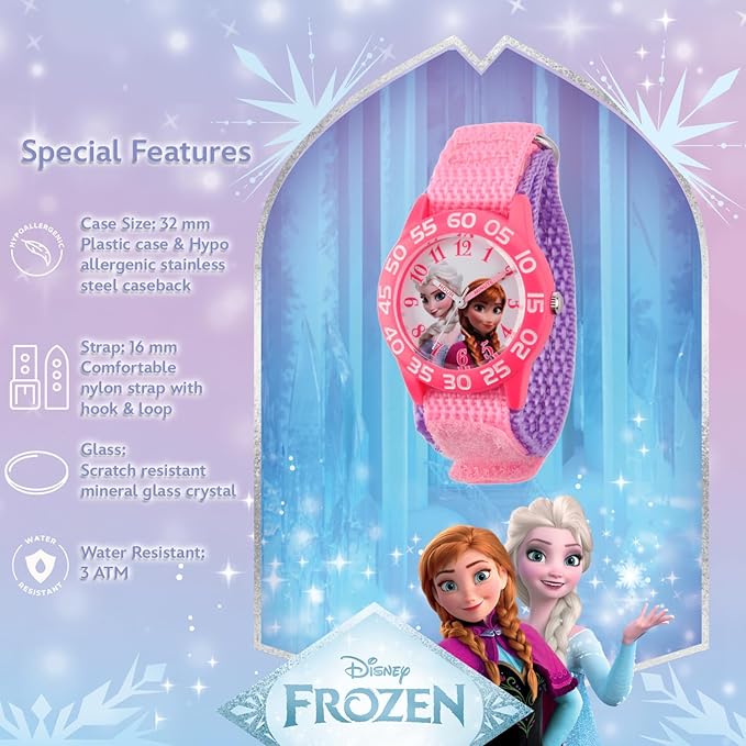 Disney Kids' W001790 Frozen Elsa and Anna Watch, Pink Nylon Band