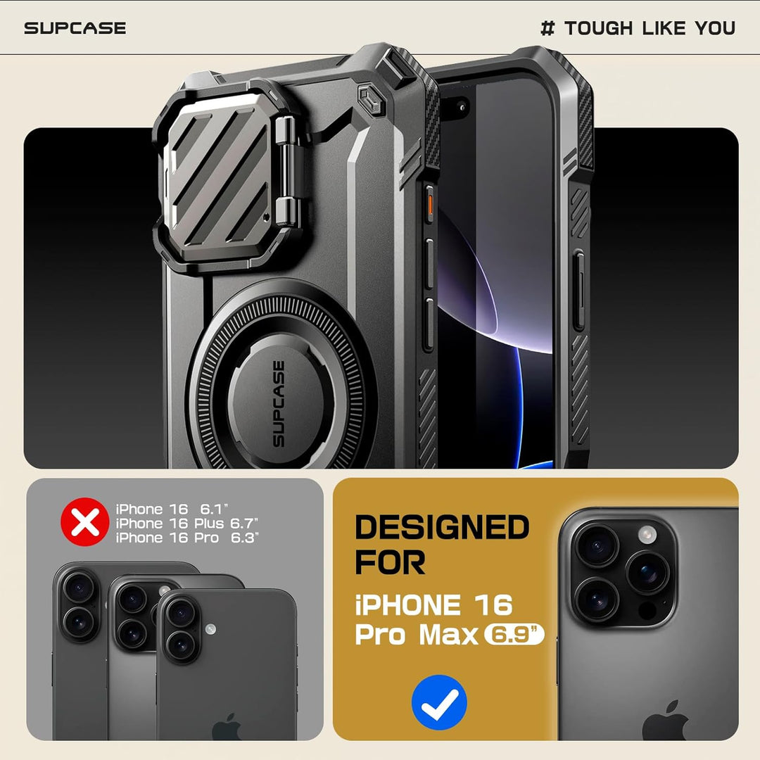 SUPCASE for iPhone 16 Pro Max Case with Camera Cover Stand (UBMag XT), [Compatible with MagSafe] [Built-in Kickstand] [Military-Grade Protection] Heavy Duty Rugged Magnetic Phone Case