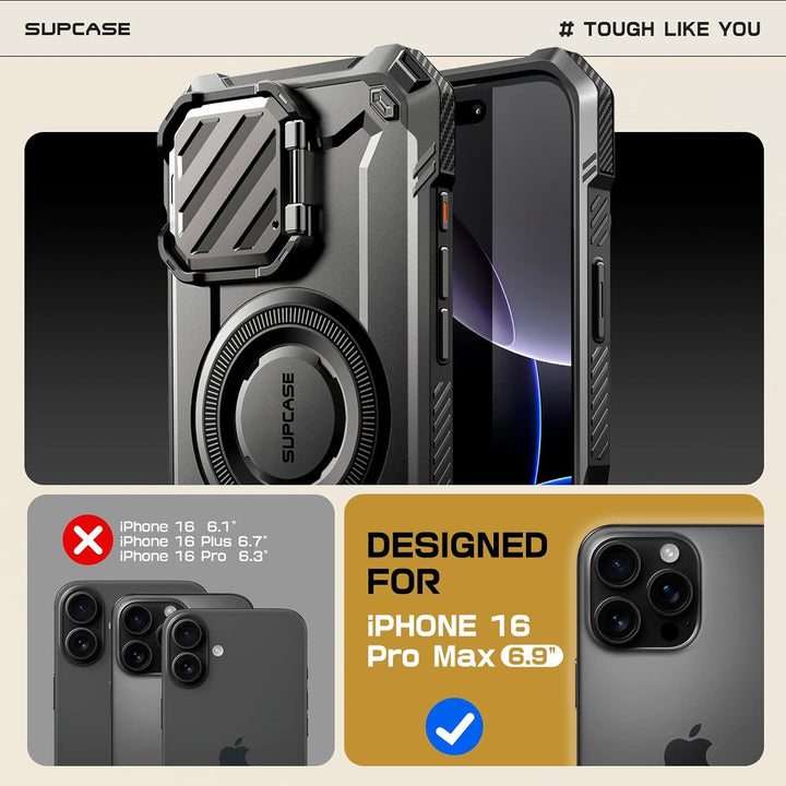 SUPCASE for iPhone 16 Pro Max Case with Camera Cover Stand (UBMag XT), [Compatible with MagSafe] [Built-in Kickstand] [Military-Grade Protection] Heavy Duty Rugged Magnetic Phone Case