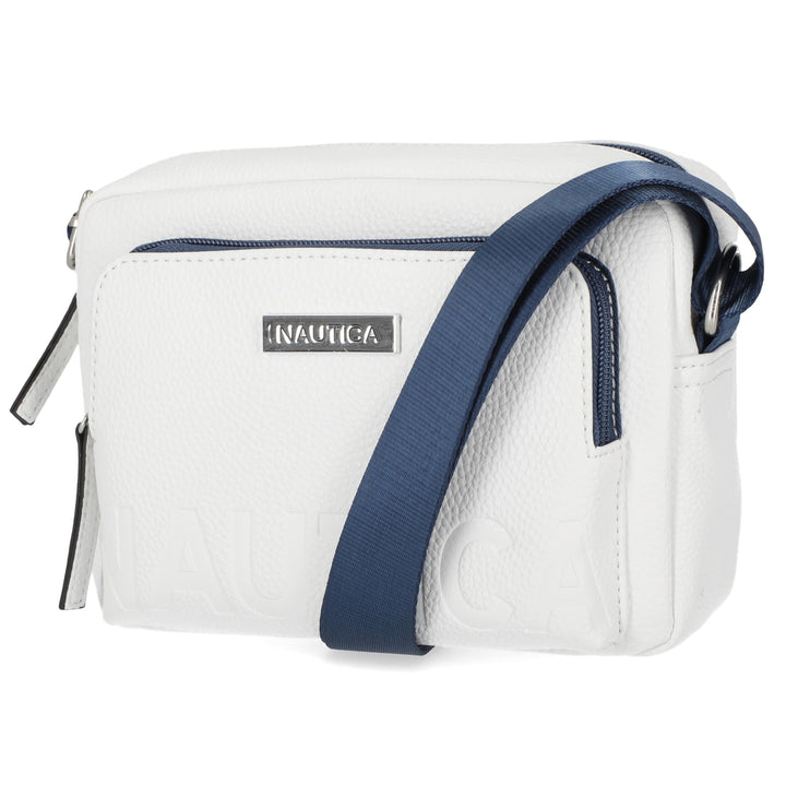 White crossbody bag with blue strap and Nautica logo