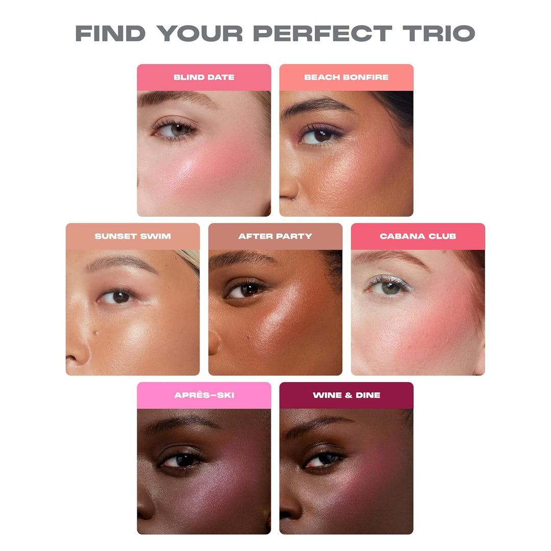 Morphe Cheek Thrills Multi-Finish Face Trio - Blush for Cheeks with Cream, Balm, and Powder Finishes - Buildable Monochromatic Face Palette for Glow and Dimension