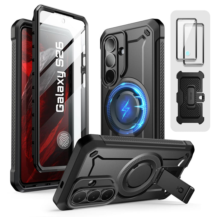 حافظة SUPCASE لسلسلة Samsung Galaxy S26 مزودة بحامل مدمج، وحماية بمعيار عسكري، ومتوافقة مع MagSafe، ومشبك حزام قابل للفصل، وواقي شاشة وإطار أمامي مدمجين، UBPro Mag