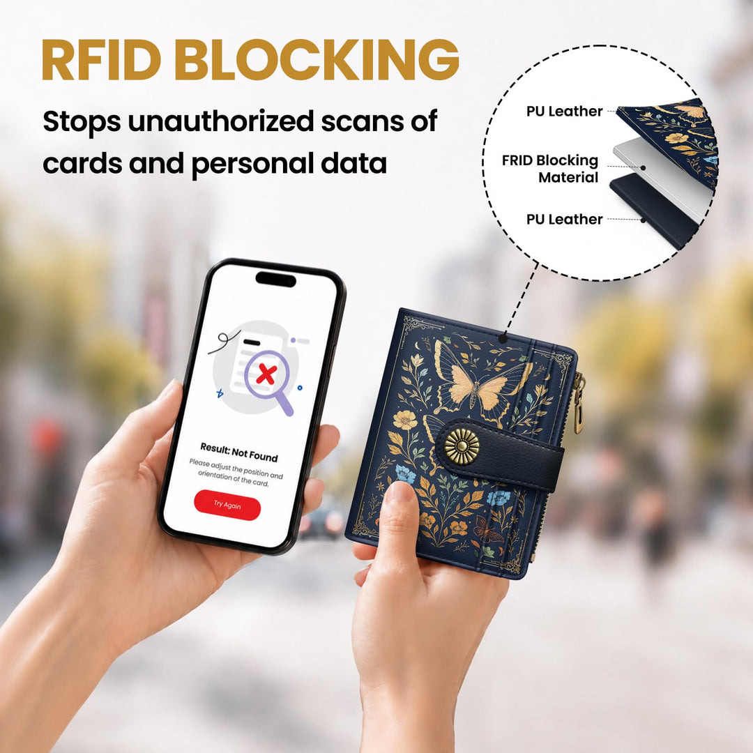 محفظة ألونيد الصغيرة للنساء، محفظة بطاقات ثنائية الطي لطيفة ومحمية من تقنية RFID، تحتوي على 10 فتحات للبطاقات، ومقصورة للنقود، وجيب بسحاب للعملات المعدنية، ونافذة للهوية، بحجم مدمج ومصنوعة من جلد نباتي ناعم