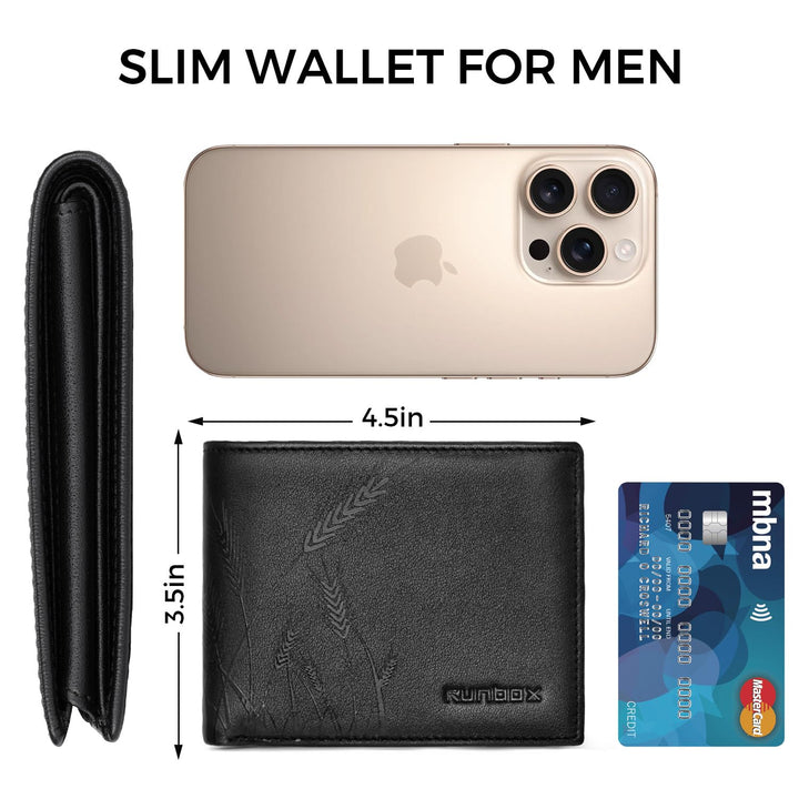 RUNBOX Wallet for Men Leather RFID Blocking Bifold Front Pocket Wallet Genuine Leather,Slim,12 Card Slots,2 ID Windows,2 Money Pockets, Gift for Men,Compact Travel Business Passport