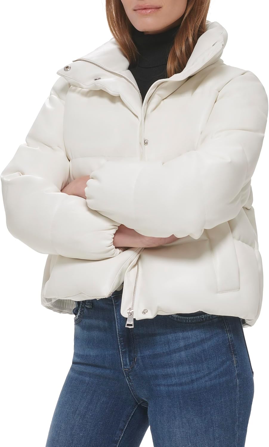 Calvin Klein Women's Short Faux-Leather Puffer Jacket