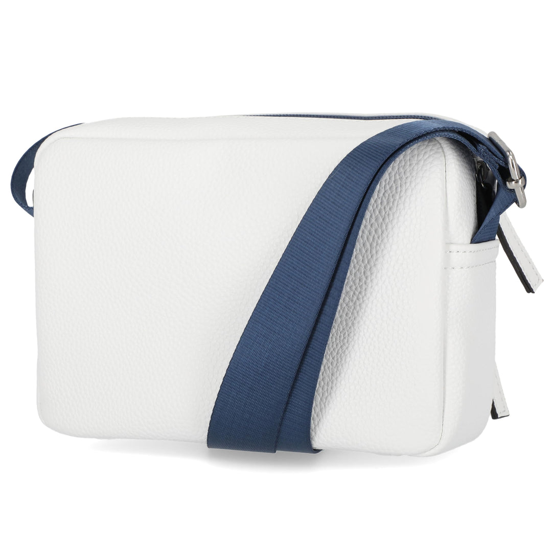 White pouch with a blue strap on a white background