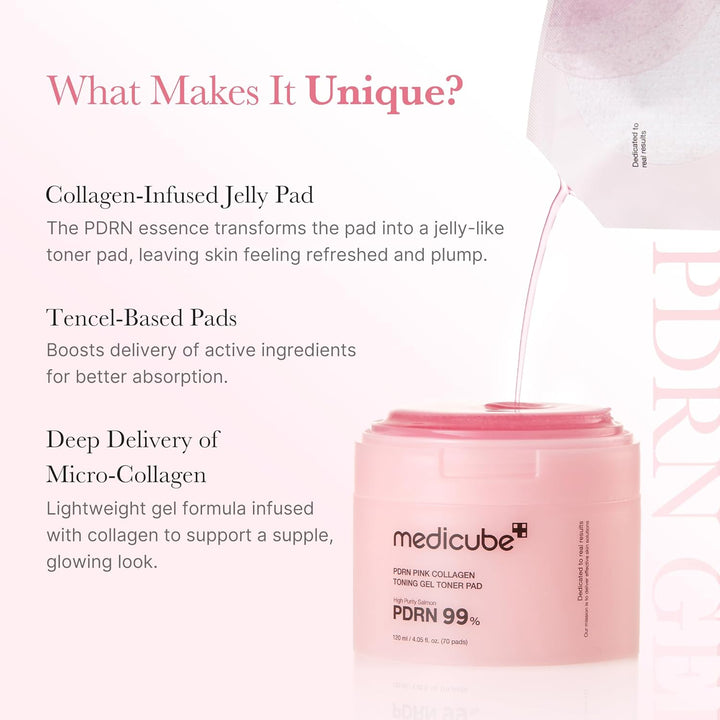 medicube Toner Pads Salmon DNA PDRN Pink Collagen Jelly Pad | Korean Gel Toner Pad | Niacinamide, Madecassoside, Retinol | Soothing, Radiance, Uneven Skin Tone | Korean Skin Care | 70 Pads (1 Pack)