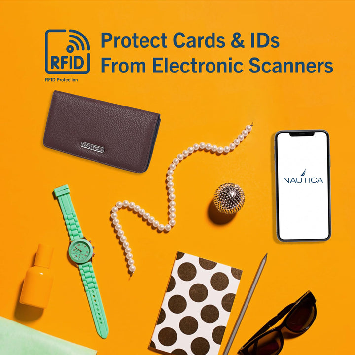 Nautica Seaside Slim Womens Wallet RFID Blocking Credit Card Holder, Coin Purse, Checkbook Organizer Clutch, Small Vegan Leather Wallet for Travel