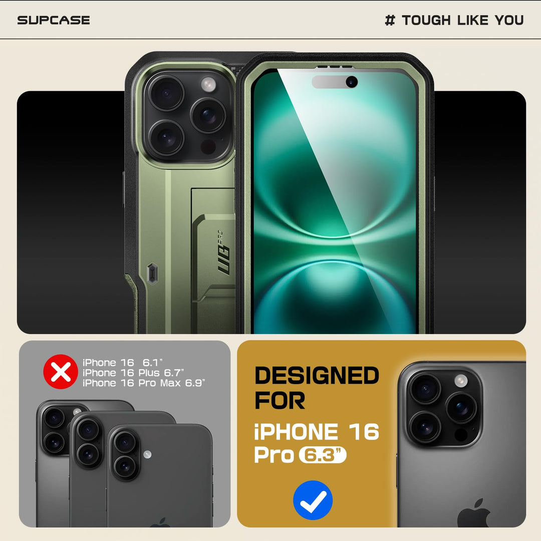 SUPCASE for iPhone 16 Pro Case with Screen Protector (Unicorn Beetle Pro), [Built-in Stand & Belt-Clip] [Military-Grade Protection] Full Body Heavy Duty Phone Case for iPhone 6.3 Inch 2024