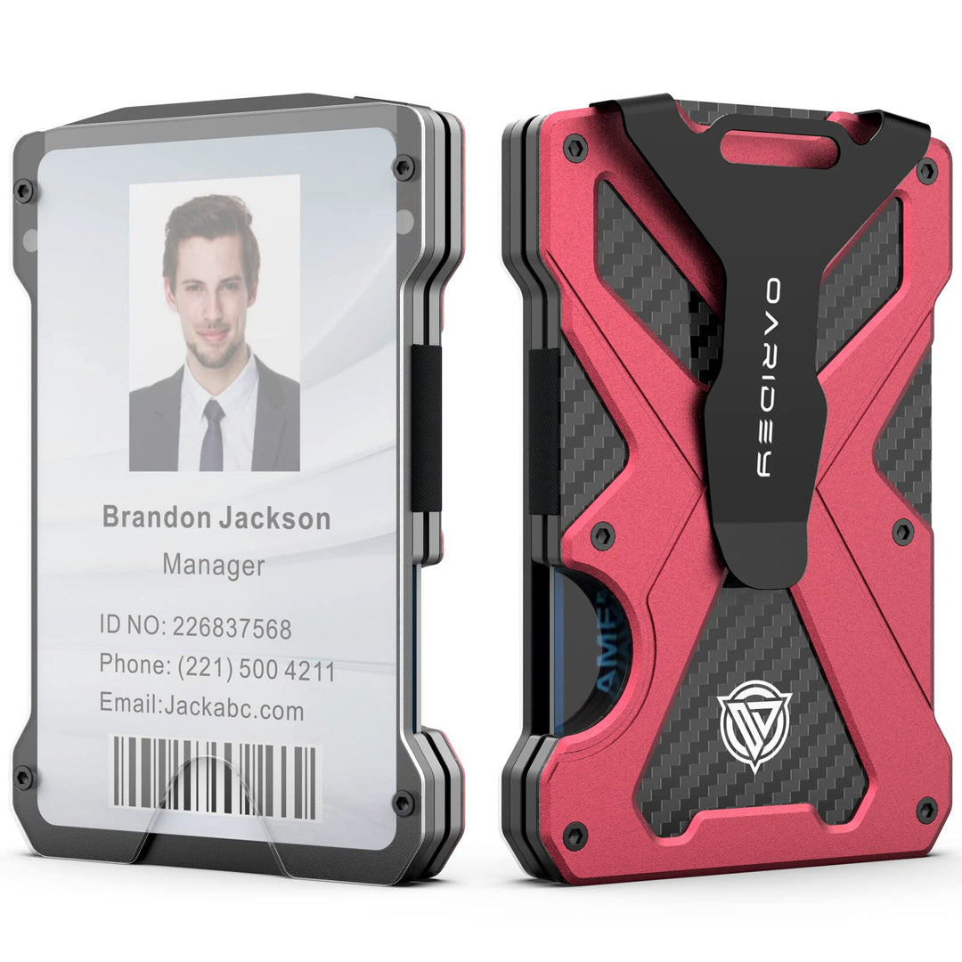 Oaridey Minimalist Wallet for Men- Slim Aluminum Metal Money Clip with Clear ID Card Holder, RFID Blocking, Holds up 15 Cards with Cash Clip, Ultra-Thin Tactical Carbon Fiber