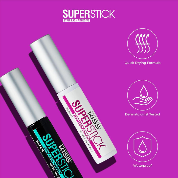 KISS Super Stick 5-Day Extended Wear Strip Lash Adhesive, Quick Drying Lash Glue, Witch Hazel & Cactus Extract Infused, Brush Applicator, Net Wt. 4.8g (0.17 oz.), Black