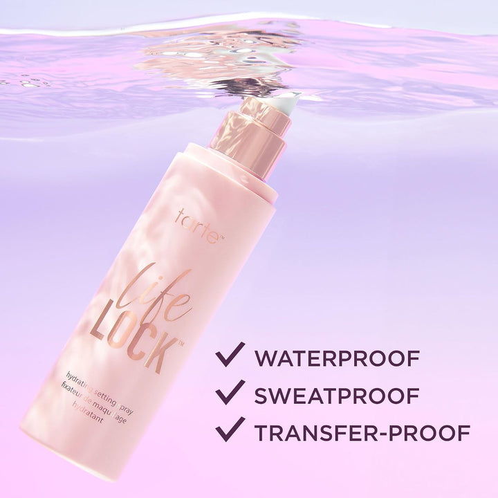tarte Life Lock Hydrating Setting Spray – 10-in-1 Weightless Mist with Hyaluronic Acid to Hydrate &amp; Lock Long-Lasting Makeup, Waterproof, Sweatproof &amp; Transfer-Resistant, Vegan &amp; Cruelty Free