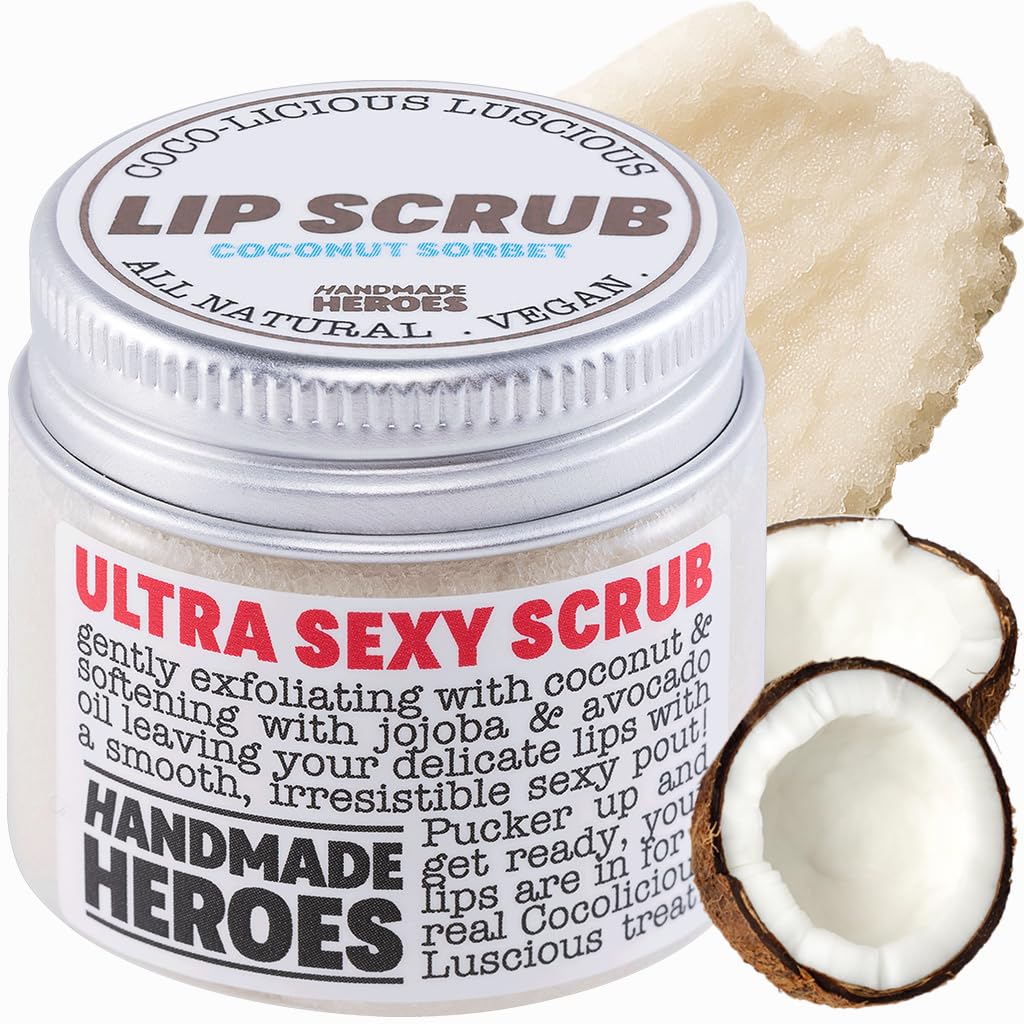 Handmade Heroes 100% Natural Lip Scrub, Vegan Conditioning Coconut Lip Exfoliator - Gentle Exfoliant, Ultra Sexy Sugar Lip Mask Polish and Scrubber for Chapped Dry and Dark Lips, 1oz