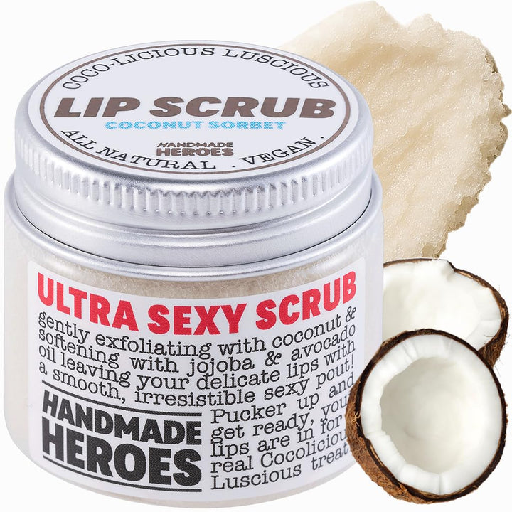 Handmade Heroes 100% Natural Lip Scrub, Vegan Conditioning Coconut Lip Exfoliator - Gentle Exfoliant, Ultra Sexy Sugar Lip Mask Polish and Scrubber for Chapped Dry and Dark Lips, 1oz