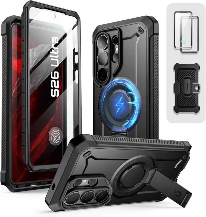 حافظة SUPCASE لسلسلة Samsung Galaxy S26 مزودة بحامل مدمج، وحماية بمعيار عسكري، ومتوافقة مع MagSafe، ومشبك حزام قابل للفصل، وواقي شاشة وإطار أمامي مدمجين، UBPro Mag