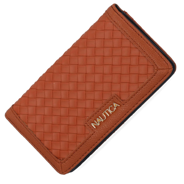 Brown woven wallet with Nautica branding on a white background