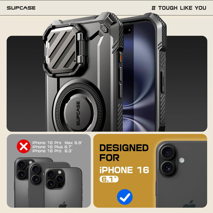 SUPCASE for iPhone 16 Case 6.1'' 2024 with Camera Cover Stand (UBMag XT), [Compatible with MagSafe] [Built-in Kickstand] [Military-Grade Protection] Heavy Duty Rugged Magnetic Phone Case