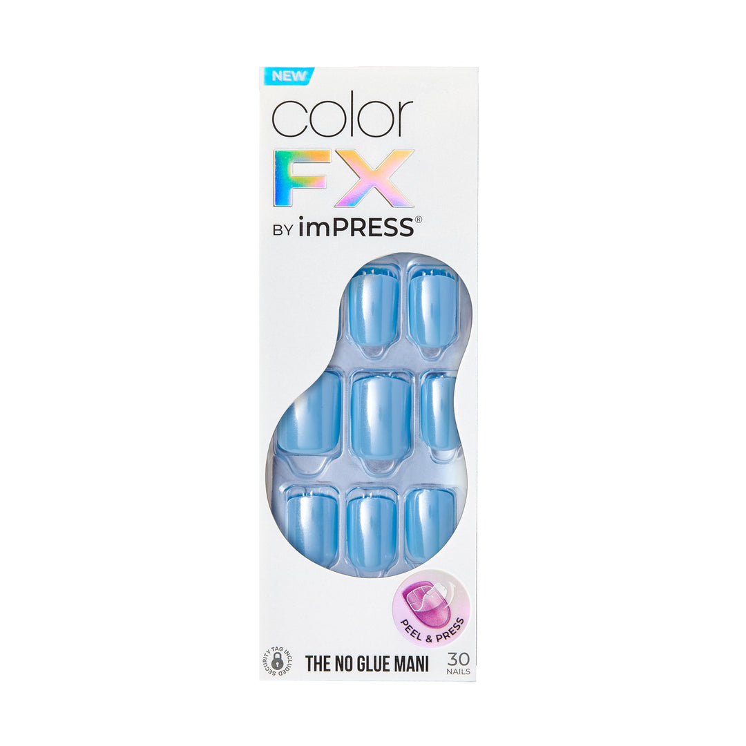 KISS colorFX by imPRESS Press On Nails , ‘Reconnect’, Solid Blue with Pearlescent Finish, Short Oval, New &amp; Improved Adhesive, Includes 30 Fake Nails, Prep Pad, 1 Manicure Stick, 1 Mini Nail File