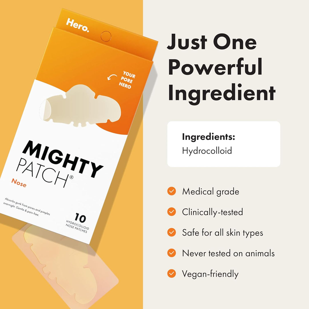 Mighty Patch Nose Pimple Patches, Large Hydrocolloid Pore Strips, Dermatologist Approved, Overnight, Pimple Stickers from Hero Cosmetics, 10 count