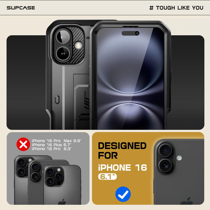 SUPCASE for iPhone 16 Case with Screen Protector (Unicorn Beetle Pro), [Built-in Stand & Belt-Clip] [Military-Grade Protection] Full Body Heavy Duty Phone Case for iPhone 16 6.1'' 2024
