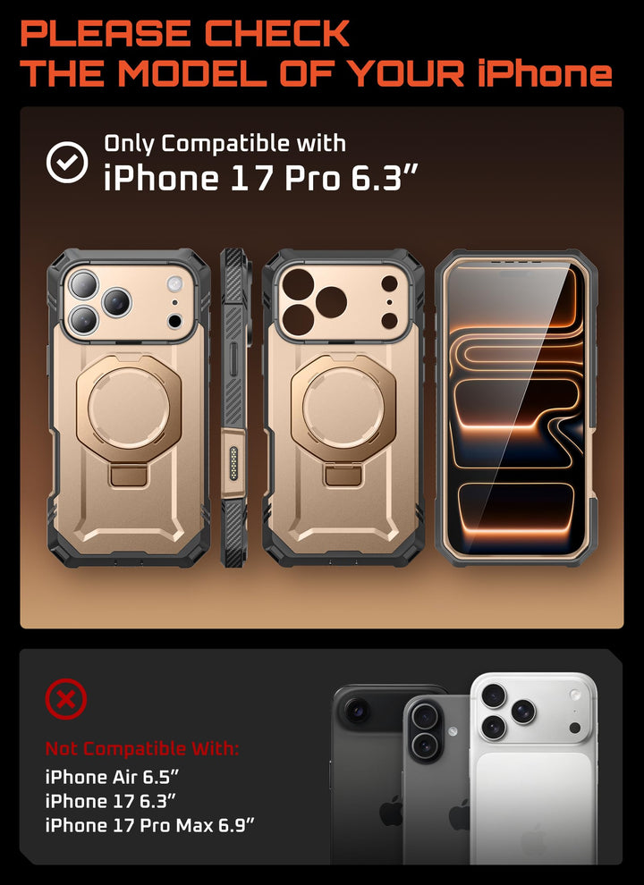 جراب SUPCASE لهاتف iPhone 18 Pro / iPhone 17 Pro، حماية فائقة مع واقي شاشة زجاجي، زر التحكم بالكاميرا، حامل مغناطيسي، متوافق مع MagSafe، جراب حماية كامل للجسم Unicorn Beetle Grip Pro
