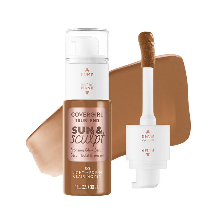 COVERGIRL TruBlend Sun &amp; Sculpt Bronzing Glow Serum, Buildable, Radiant Glow, Wand and Pump Applicator