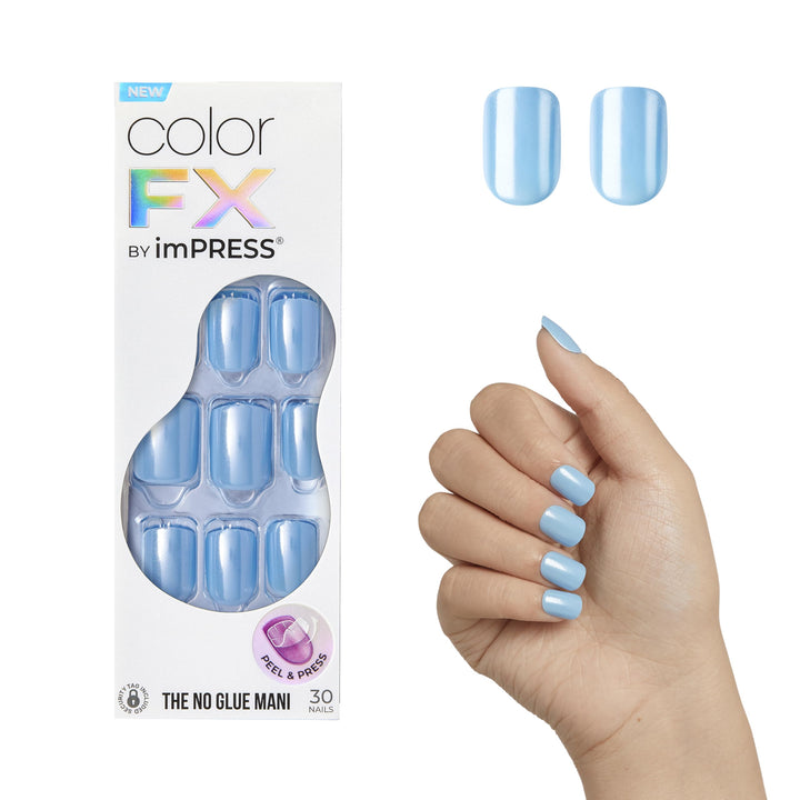 KISS colorFX by imPRESS Press On Nails , ‘Reconnect’, Solid Blue with Pearlescent Finish, Short Oval, New &amp; Improved Adhesive, Includes 30 Fake Nails, Prep Pad, 1 Manicure Stick, 1 Mini Nail File