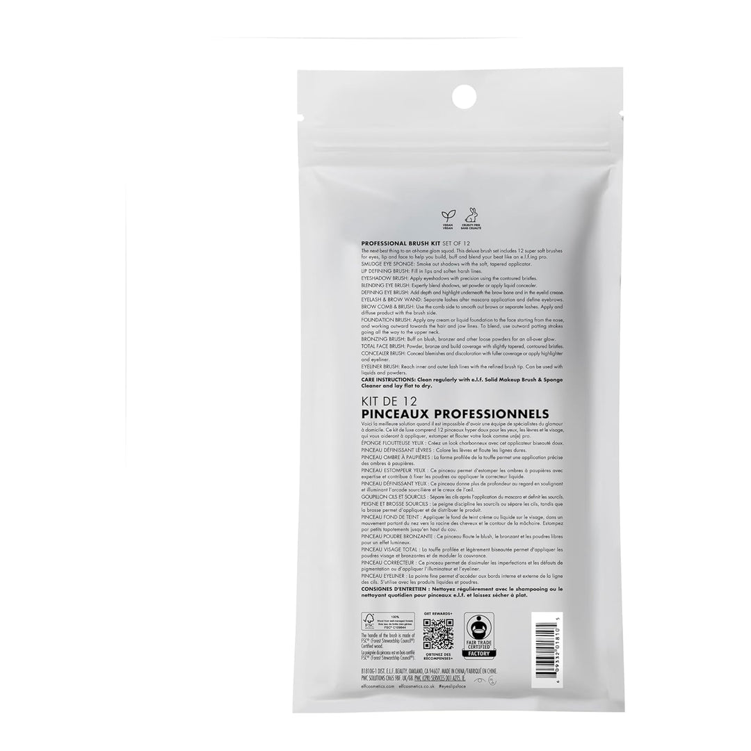 e.l.f. Professional Set of 12 Makeup Brushes, Pro-Worthy Makeup Brushes For A Flawless Full-Face Application, Vegan & Cruelty-Free