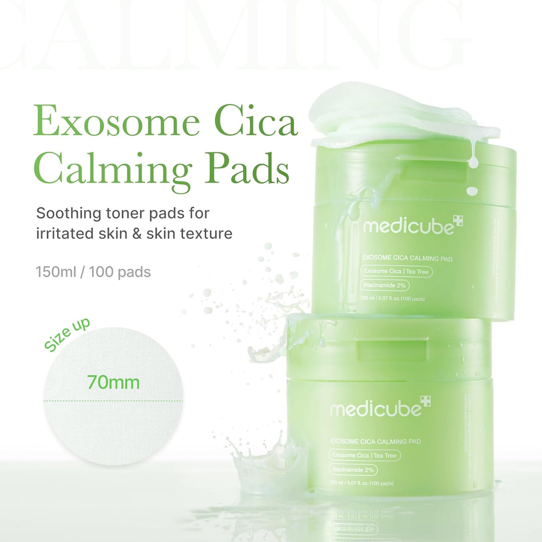 medicube Toner Pads Exosome CICA Tea Tree Calming Toner Pad for Sensitive Skin | Centella Asiatica for Redness, Breakouts | Low-irritating &amp; Hydrating Care | Korean Skincare, 100 Pads (1 Pack)