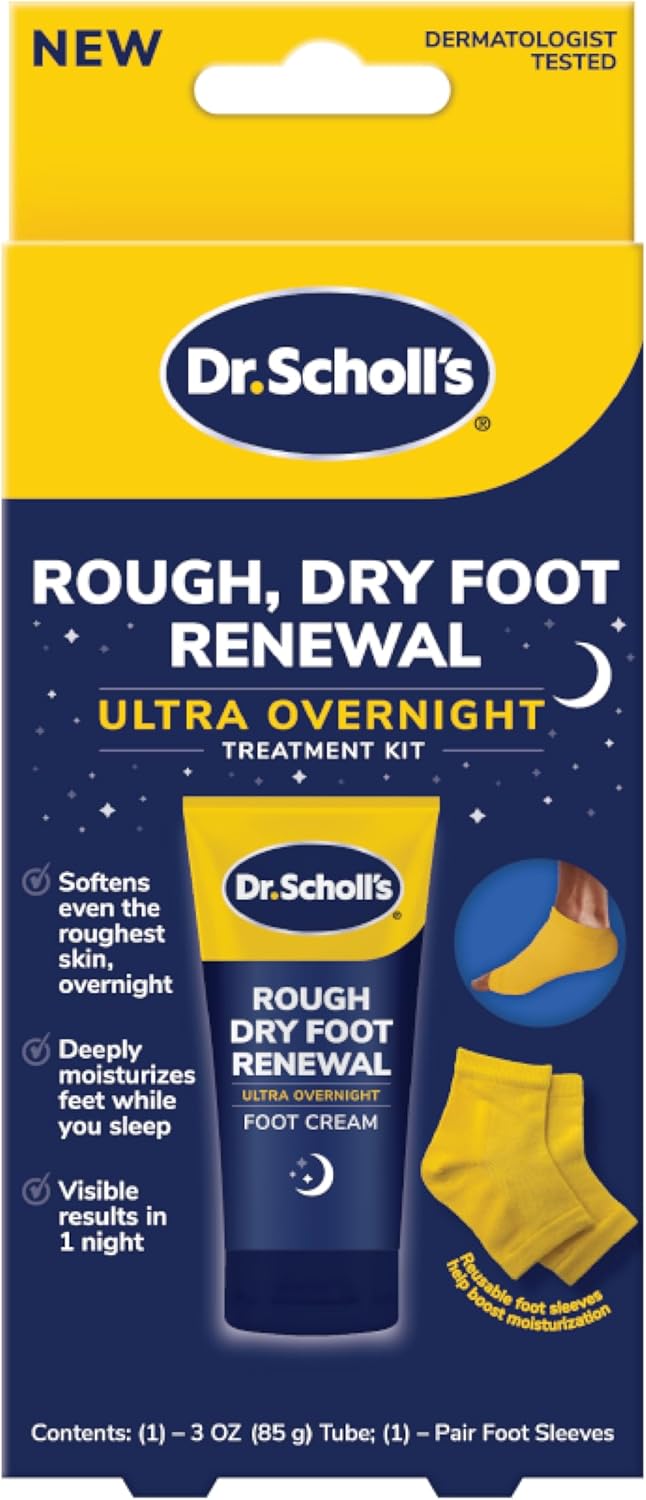 Dr. Scholl's Rough, Dry Foot Renewal Ultra Overnight Treatment with Overnight Foot Cream 3oz with Aloe, Coconut Oil & Urea and Heel Sleeve Socks, Deeply Moisturize & Soften Feet, Dermatologist Tested